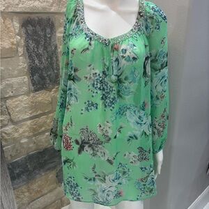 Charter Club Green Floral Blouse with Beaded Neckline